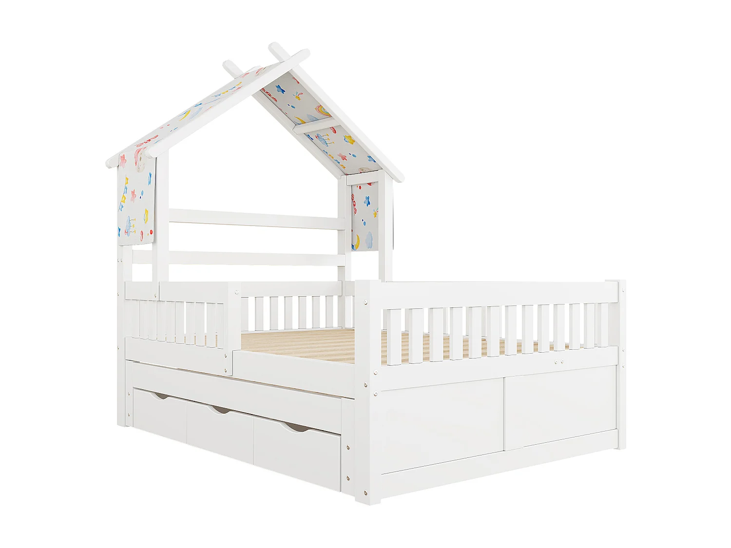 Haus-Bett aus Holz 140x200 cm - Mit herunterklappbarem Bettgestell und 3 Schubladen - Sicherheitsgitter - MDF+Kiefer - Weiß​ (ohne Matratze)