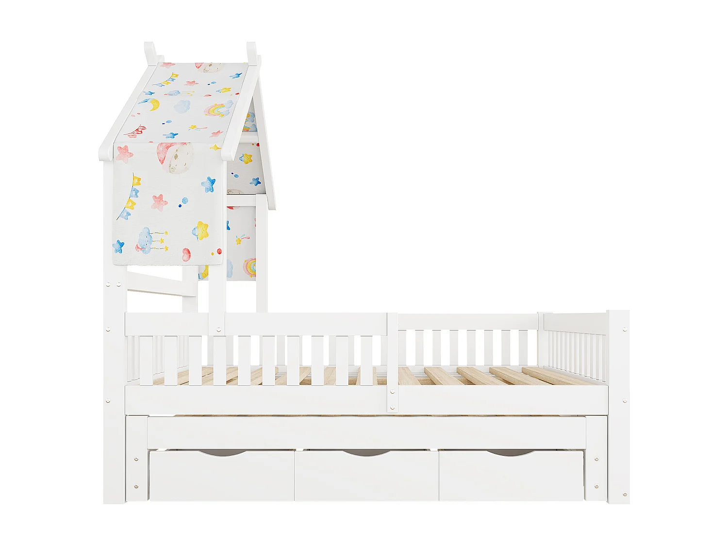 Haus-Bett aus Holz 140x200 cm - Mit herunterklappbarem Bettgestell und 3 Schubladen - Sicherheitsgitter - MDF+Kiefer - Weiß​ (ohne Matratze)