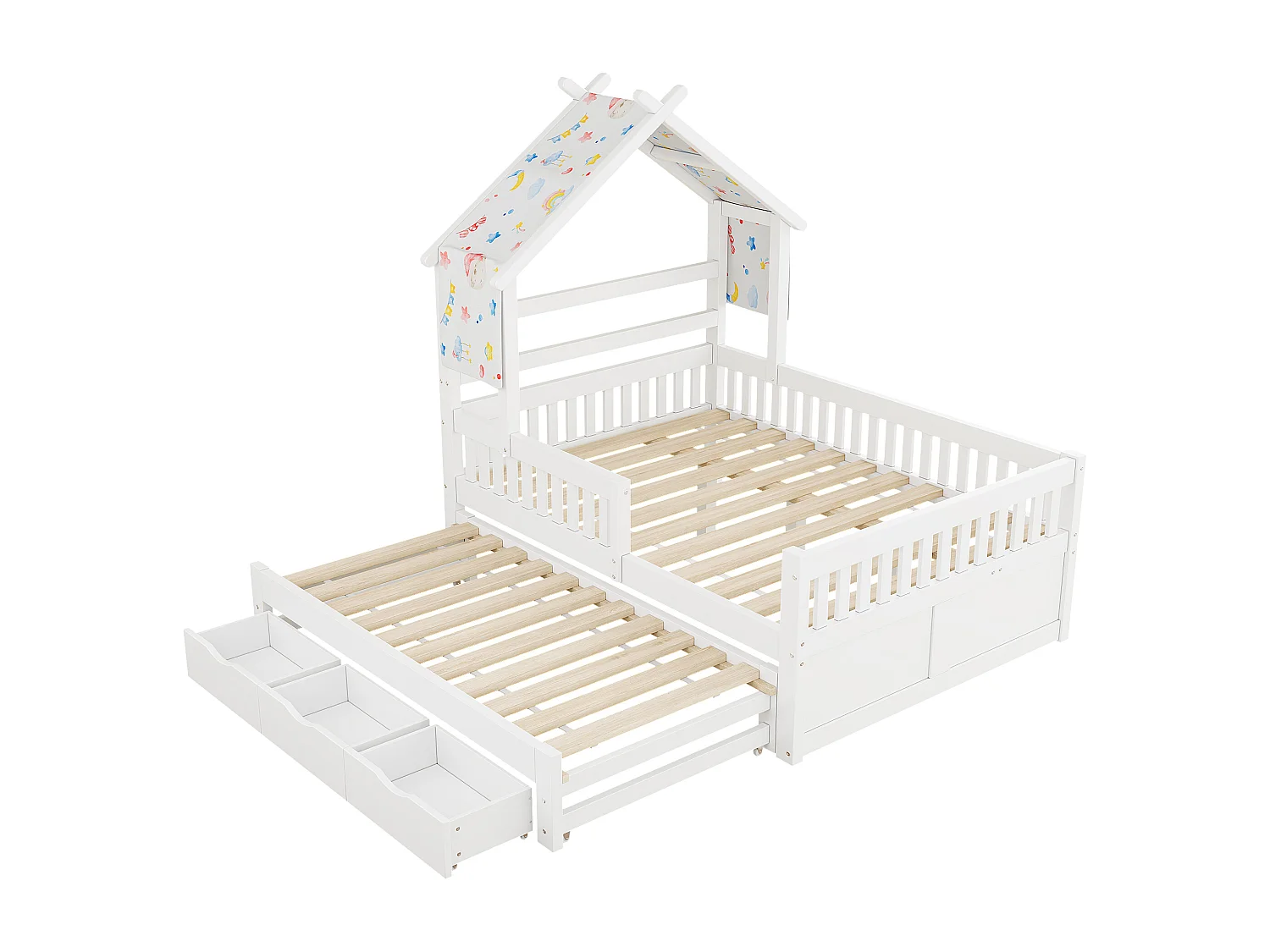 Haus-Bett aus Holz 140x200 cm - Mit herunterklappbarem Bettgestell und 3 Schubladen - Sicherheitsgitter - MDF+Kiefer - Weiß​ (ohne Matratze)