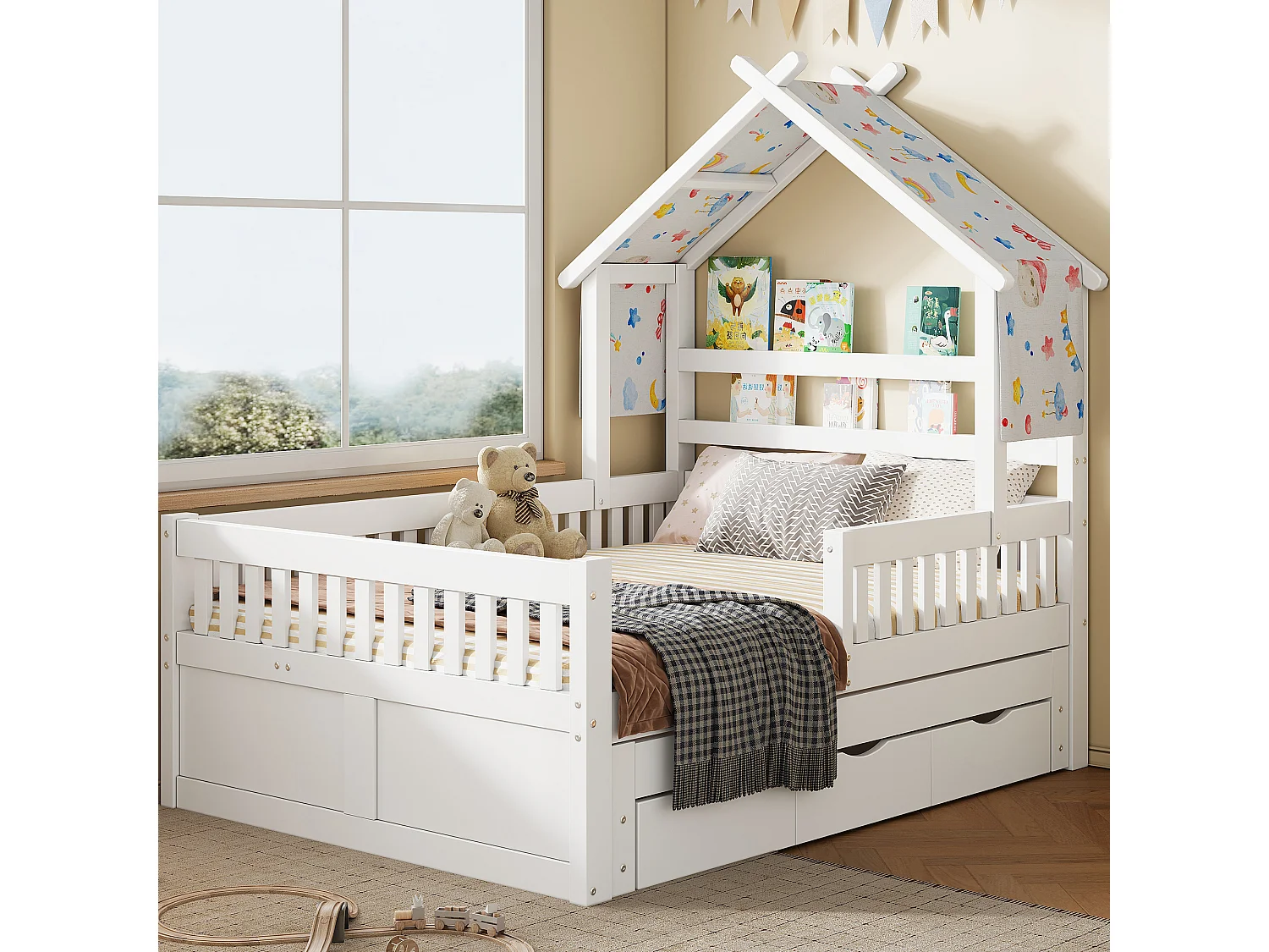Haus-Bett aus Holz 140x200 cm - Mit herunterklappbarem Bettgestell und 3 Schubladen - Sicherheitsgitter - MDF+Kiefer - Weiß​ (ohne Matratze)