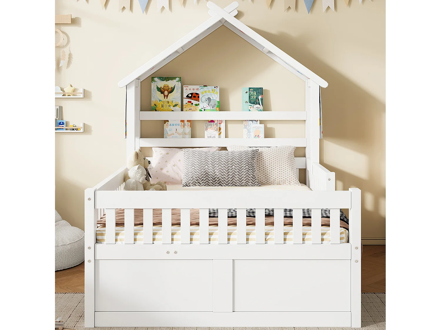 Haus-Bett aus Holz 140x200 cm - Mit herunterklappbarem Bettgestell und 3 Schubladen - Sicherheitsgitter - MDF+Kiefer - Weiß​ (ohne Matratze)