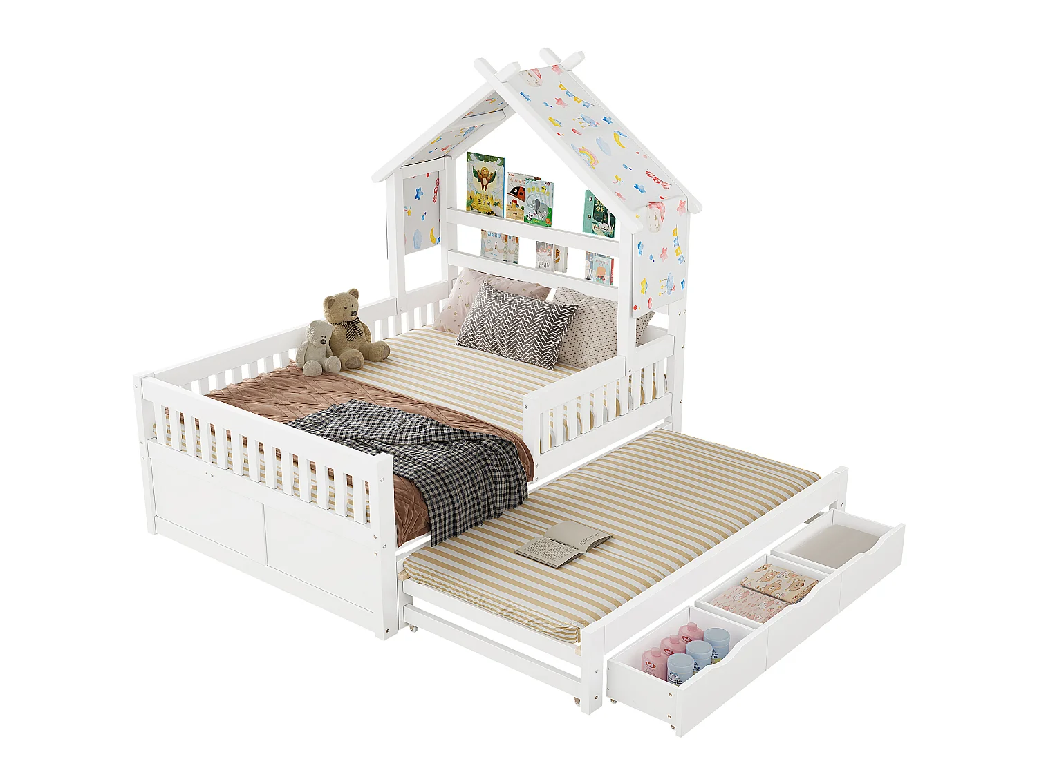 Haus-Bett aus Holz 140x200 cm - Mit herunterklappbarem Bettgestell und 3 Schubladen - Sicherheitsgitter - MDF+Kiefer - Weiß​ (ohne Matratze)