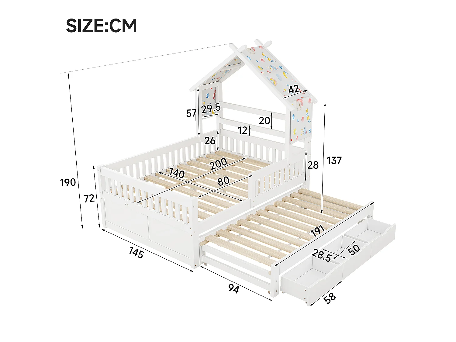 Haus-Bett aus Holz 140x200 cm - Mit herunterklappbarem Bettgestell und 3 Schubladen - Sicherheitsgitter - MDF+Kiefer - Weiß​ (ohne Matratze)