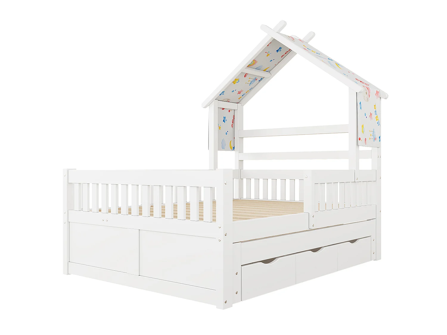 Haus-Bett aus Holz 140x200 cm - Mit herunterklappbarem Bettgestell und 3 Schubladen - Sicherheitsgitter - MDF+Kiefer - Weiß​ (ohne Matratze)