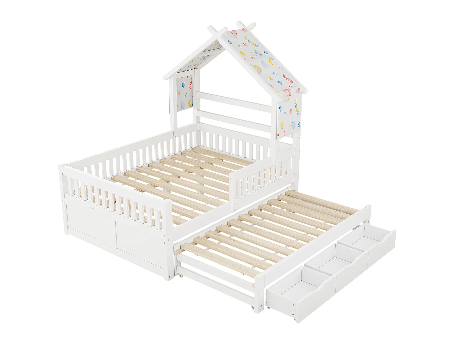 Haus-Bett aus Holz 140x200 cm - Mit herunterklappbarem Bettgestell und 3 Schubladen - Sicherheitsgitter - MDF+Kiefer - Weiß​ (ohne Matratze)