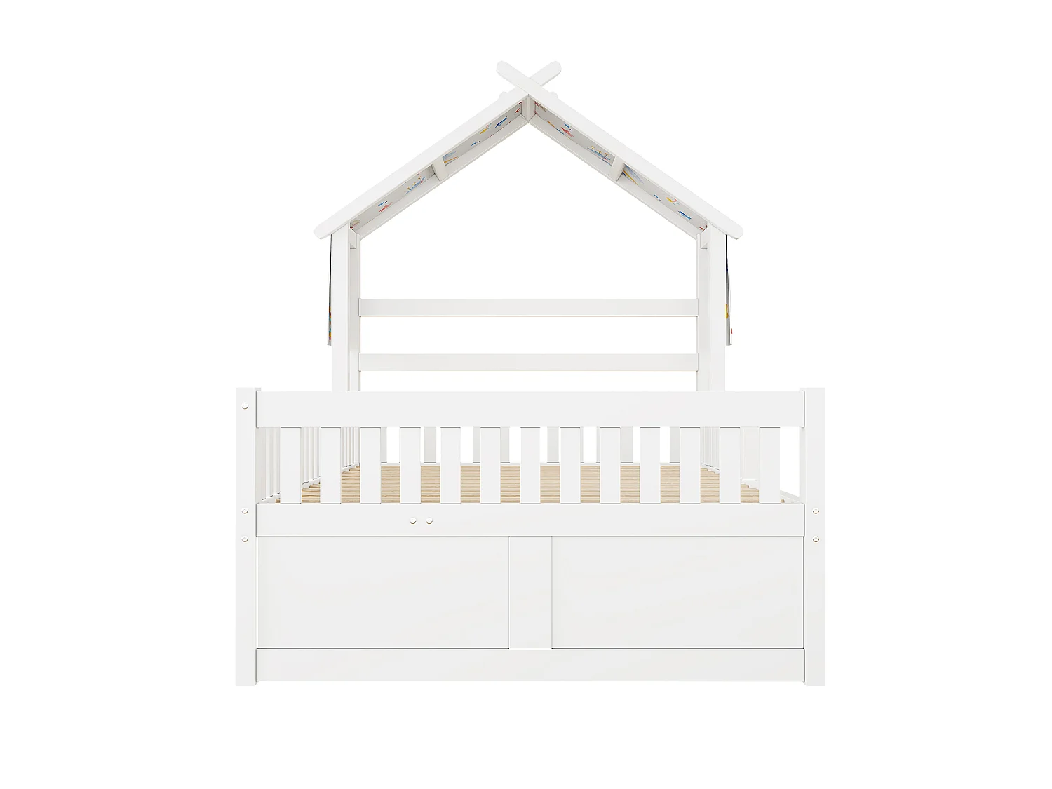 Haus-Bett aus Holz 140x200 cm - Mit herunterklappbarem Bettgestell und 3 Schubladen - Sicherheitsgitter - MDF+Kiefer - Weiß​ (ohne Matratze)