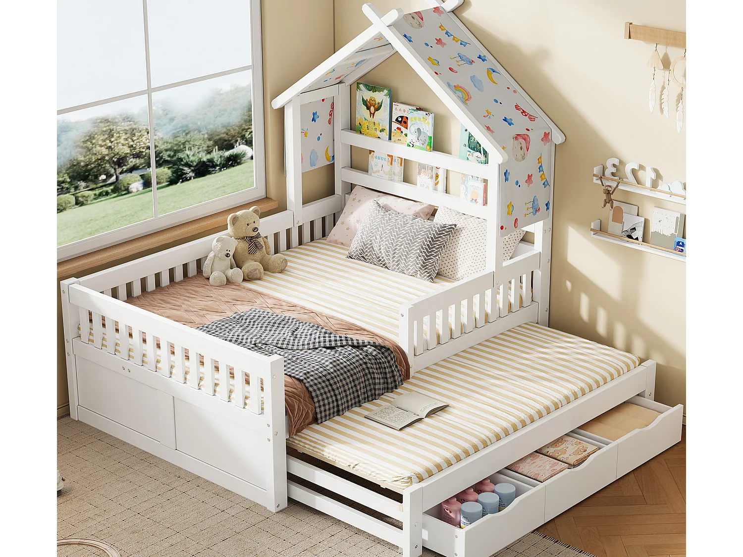 Haus-Bett aus Holz 140x200 cm - Mit herunterklappbarem Bettgestell und 3 Schubladen - Sicherheitsgitter - MDF+Kiefer - Weiß​ (ohne Matratze)