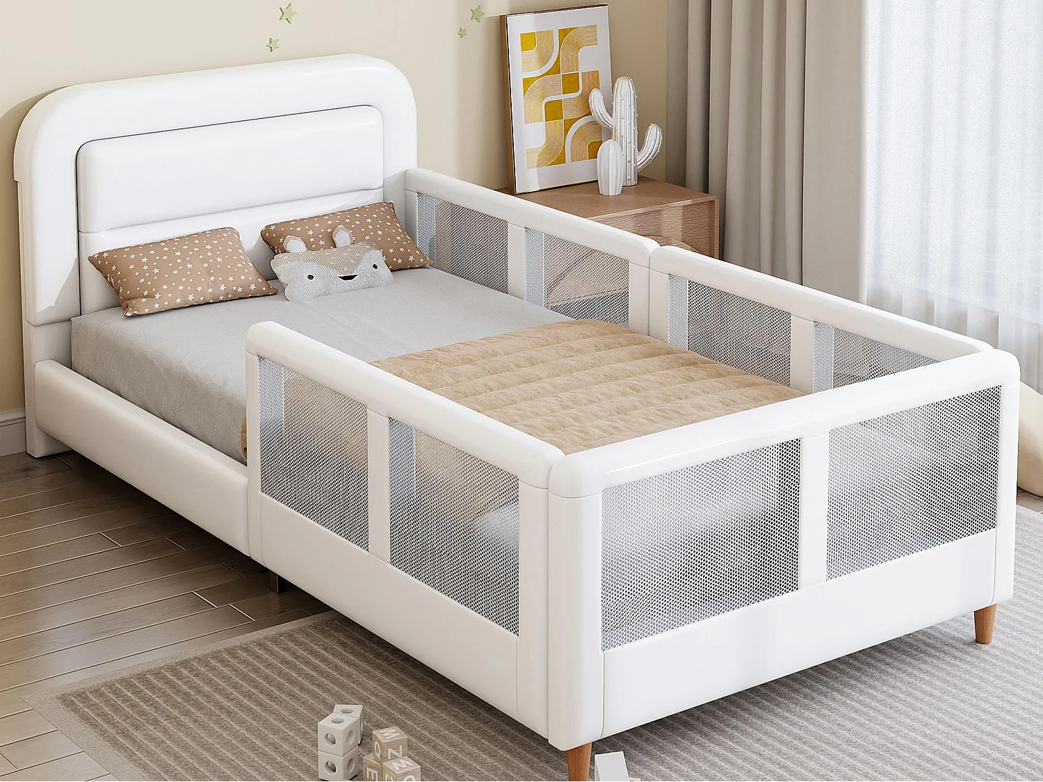 Lit simple capitonné 90x200 cm - avec barrières de sécurité - avec sommier à lattes - MDF + PU - Blanc (sans matelas)