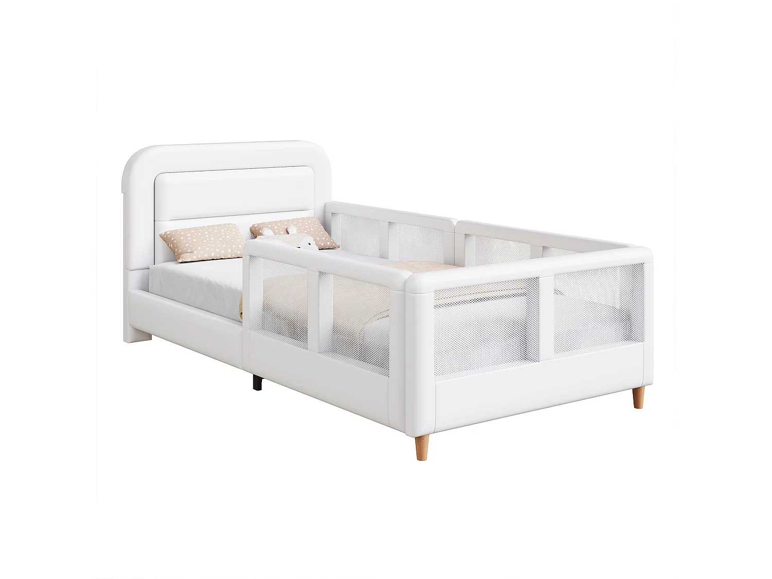 Lit simple capitonné 90x200 cm - avec barrières de sécurité - avec sommier à lattes - MDF + PU - Blanc (sans matelas)