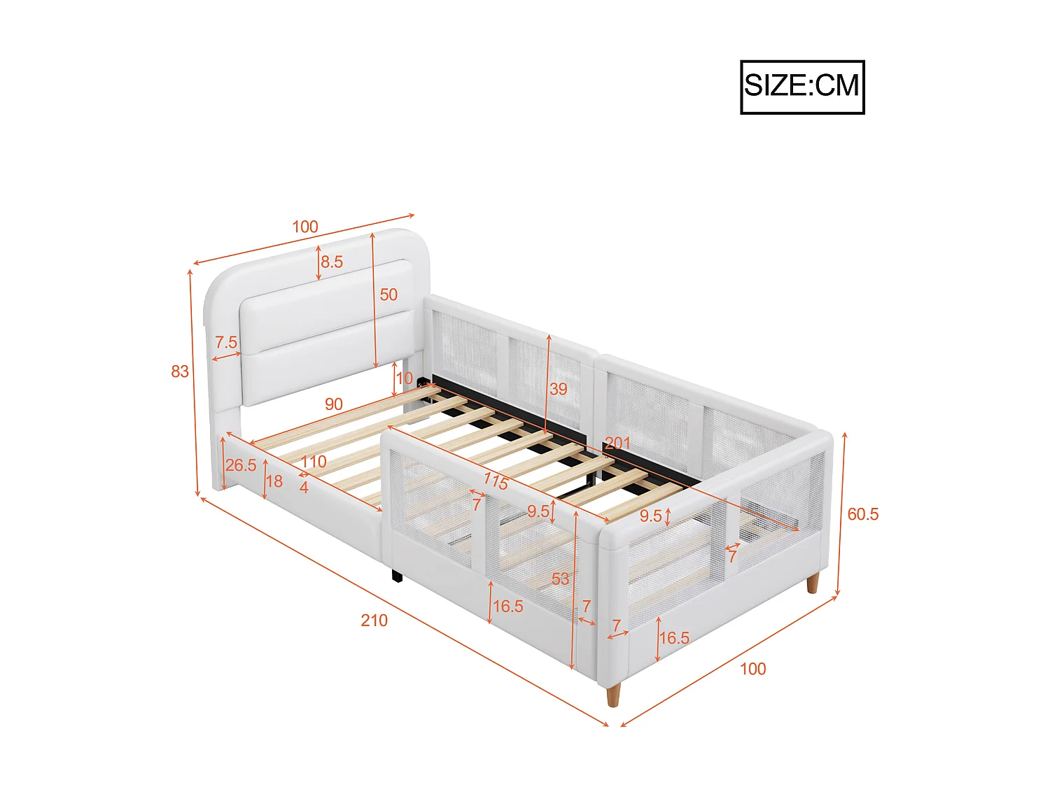 Lit simple capitonné 90x200 cm - avec barrières de sécurité - avec sommier à lattes - MDF + PU - Blanc (sans matelas)