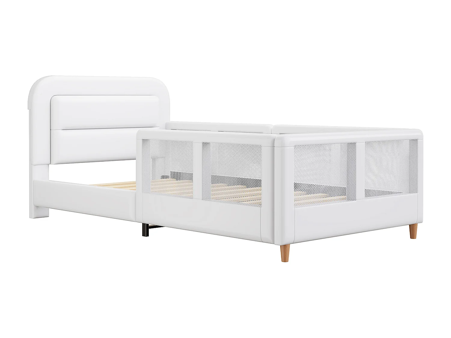 Lit simple capitonné 90x200 cm - avec barrières de sécurité - avec sommier à lattes - MDF + PU - Blanc (sans matelas)