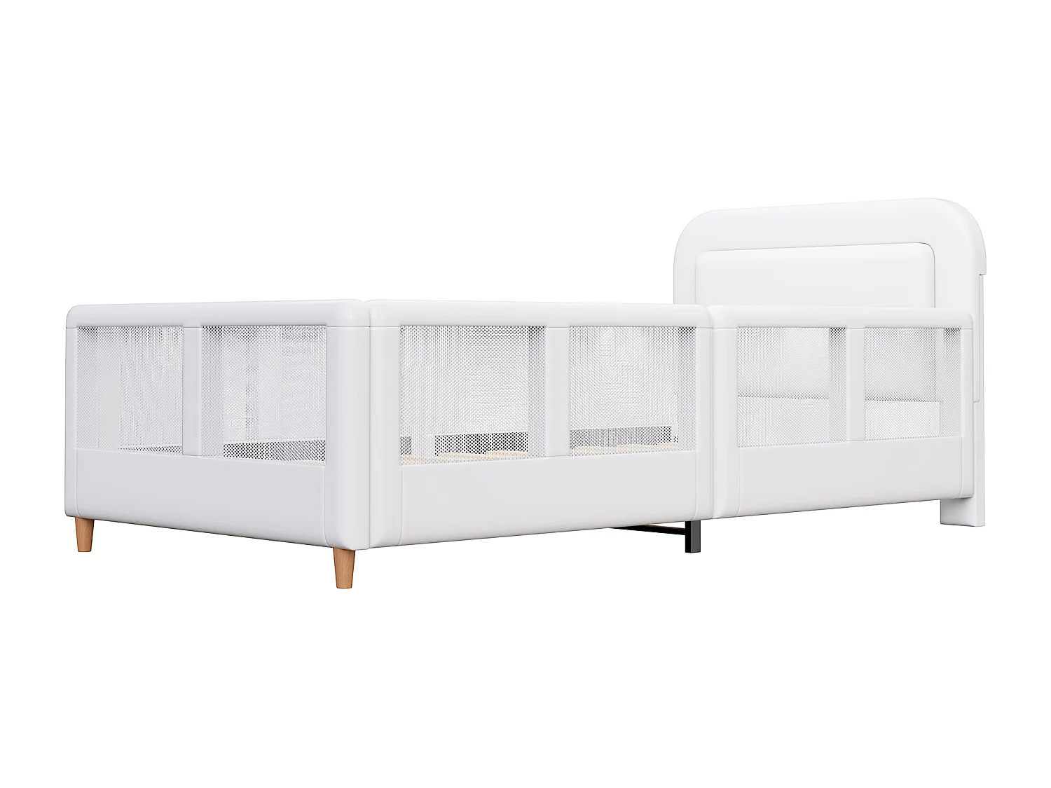 Lit simple capitonné 90x200 cm - avec barrières de sécurité - avec sommier à lattes - MDF + PU - Blanc (sans matelas)