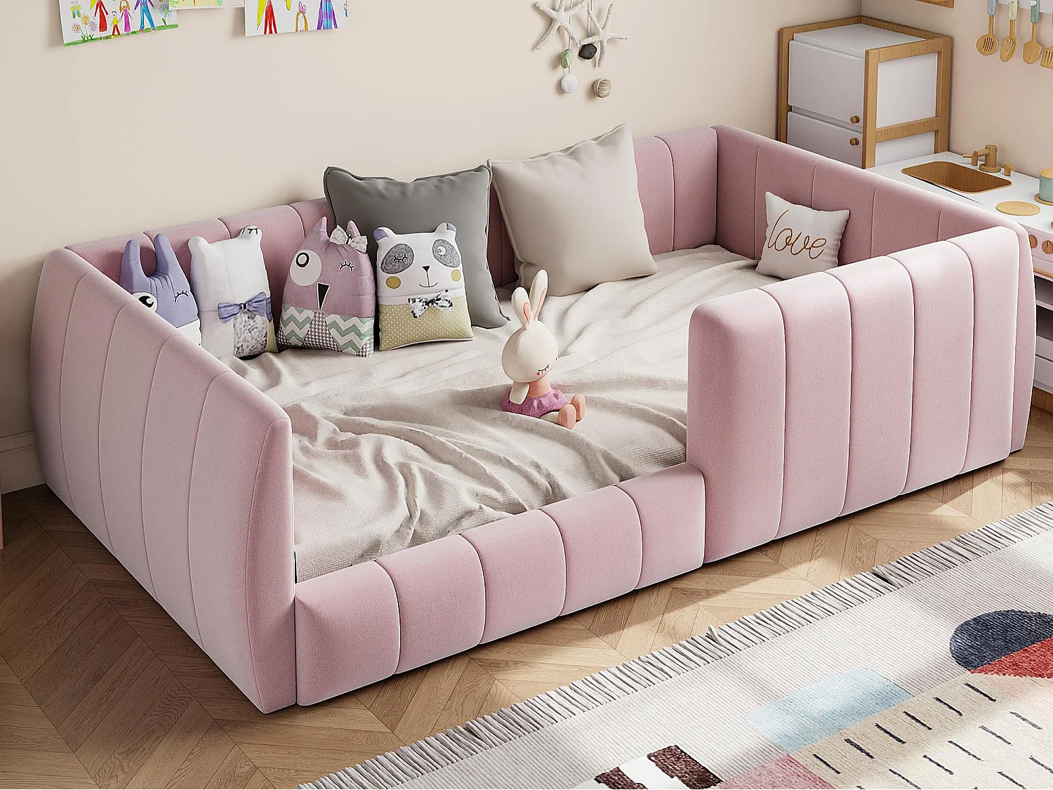 Lit simple rembourré 90x200 cm - avec barrières de sécurité - avec sommier à lattes - MDF + Lin - Rose(sans matelas)