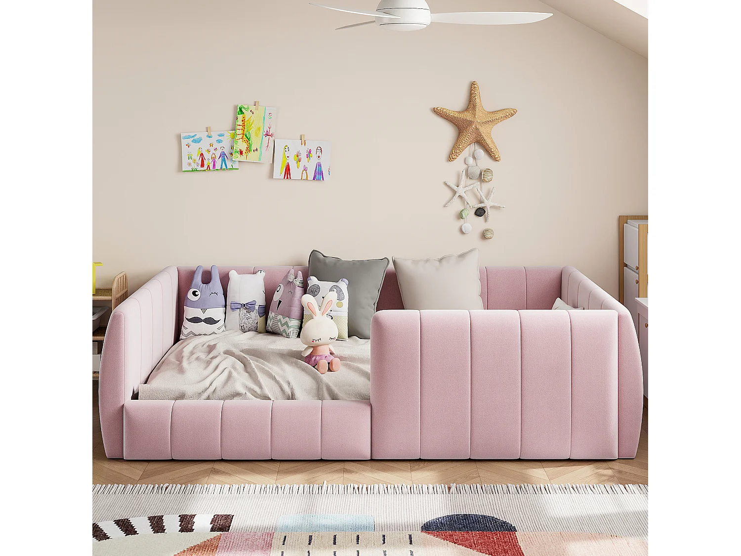 Lit simple rembourré 90x200 cm - avec barrières de sécurité - avec sommier à lattes - MDF + Lin - Rose(sans matelas)