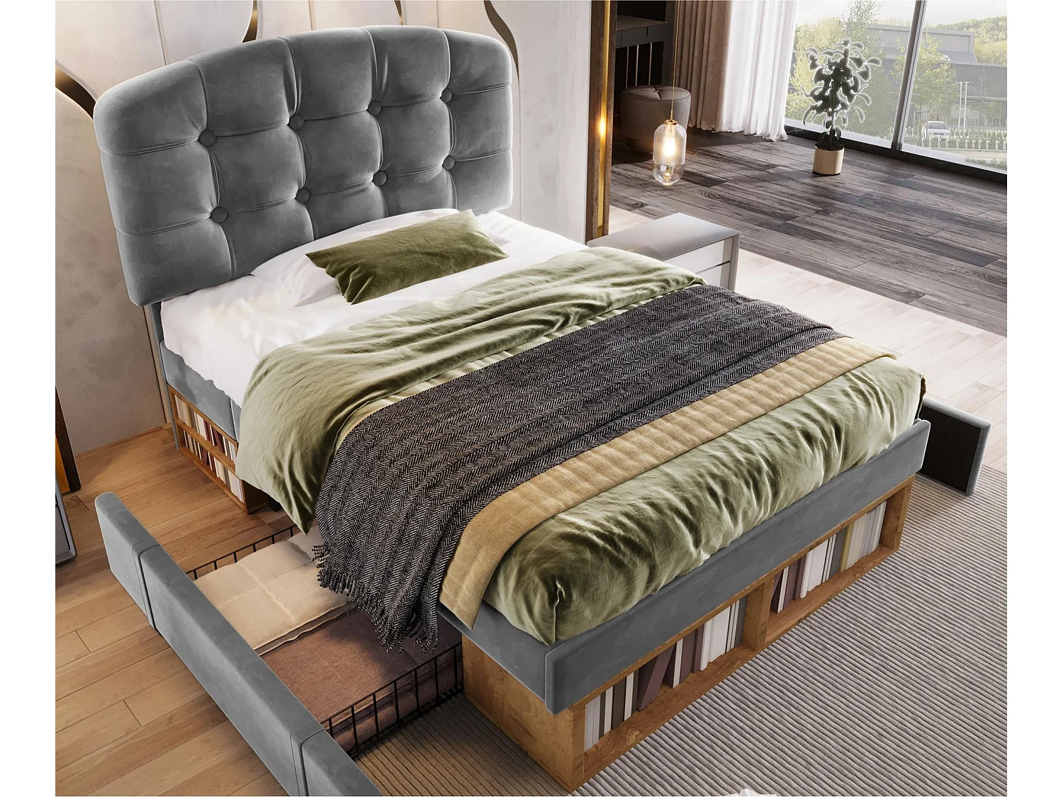 Gepolstertes Einzelbett 90x200cm - verstellbares Kopfteil - mit Schubladen und Stauraum - Samt - Grau​ (ohne Matratze)