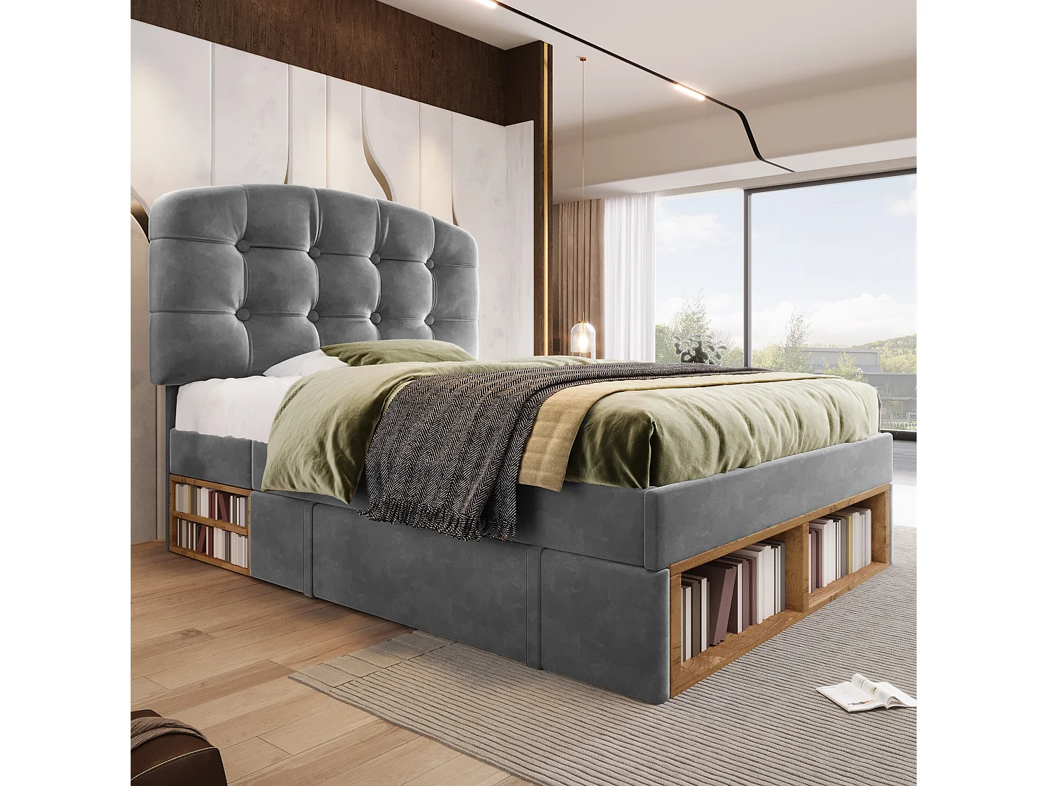 Gepolstertes Einzelbett 90x200cm - verstellbares Kopfteil - mit Schubladen und Stauraum - Samt - Grau​ (ohne Matratze)