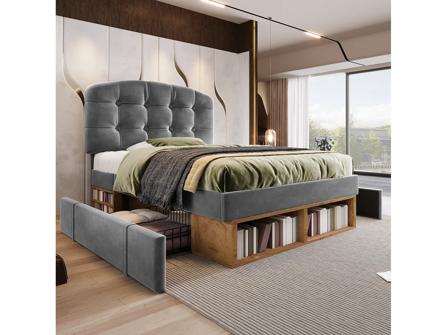 Gepolstertes Einzelbett 90x200cm - verstellbares Kopfteil - mit Schubladen und Stauraum - Samt - Grau​ (ohne Matratze)