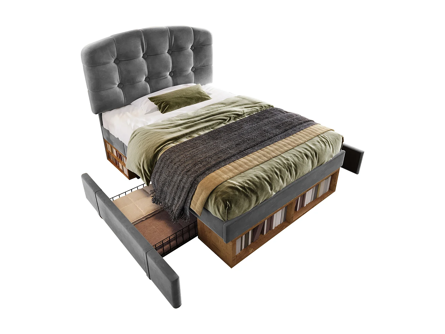 Gepolstertes Einzelbett 90x200cm - verstellbares Kopfteil - mit Schubladen und Stauraum - Samt - Grau​ (ohne Matratze)