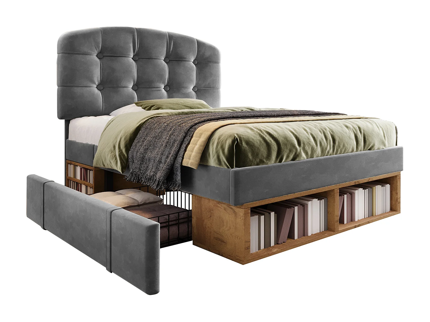 Gepolstertes Einzelbett 90x200cm - verstellbares Kopfteil - mit Schubladen und Stauraum - Samt - Grau​ (ohne Matratze)