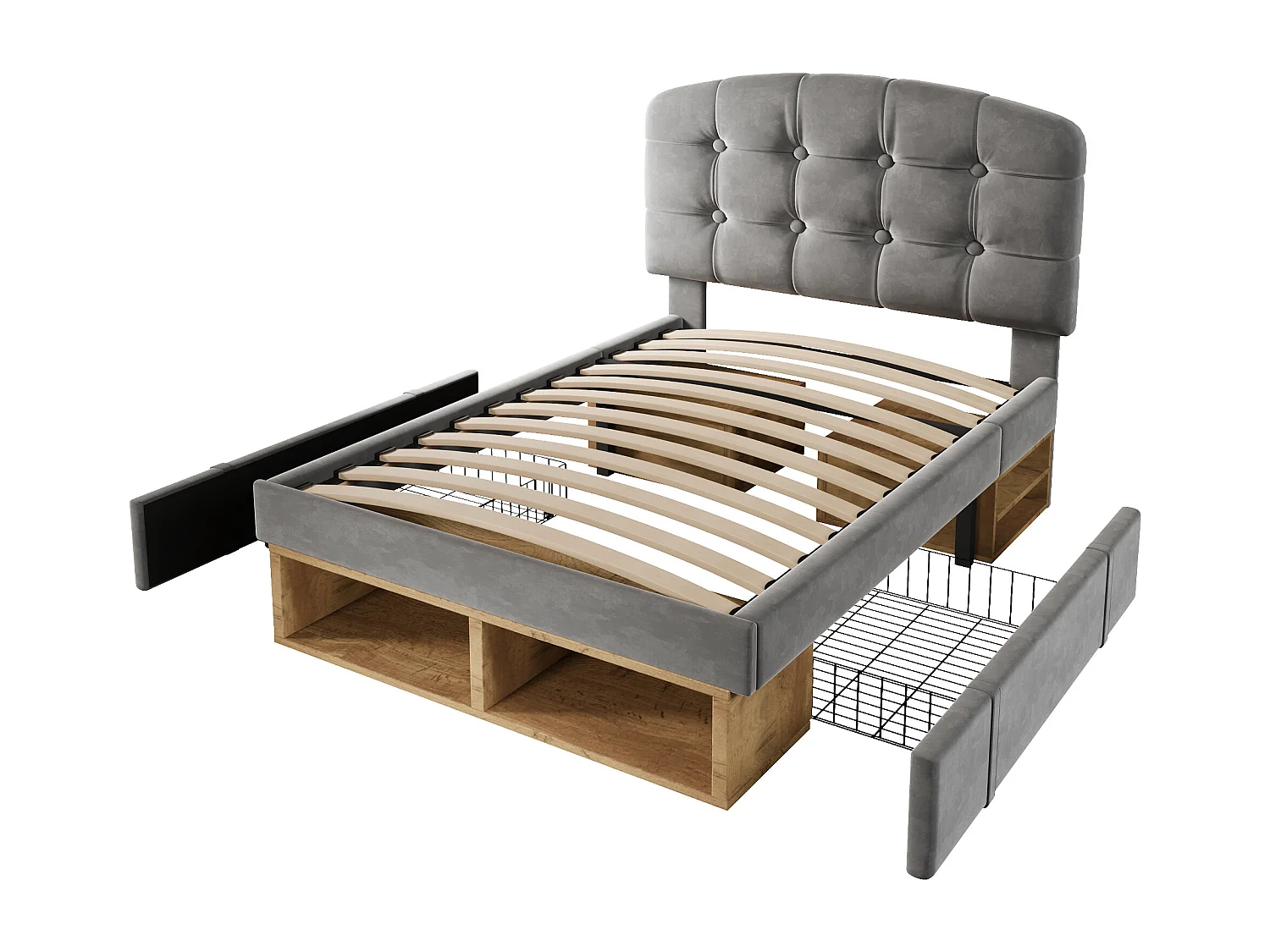 Gepolstertes Einzelbett 90x200cm - verstellbares Kopfteil - mit Schubladen und Stauraum - Samt - Grau​ (ohne Matratze)