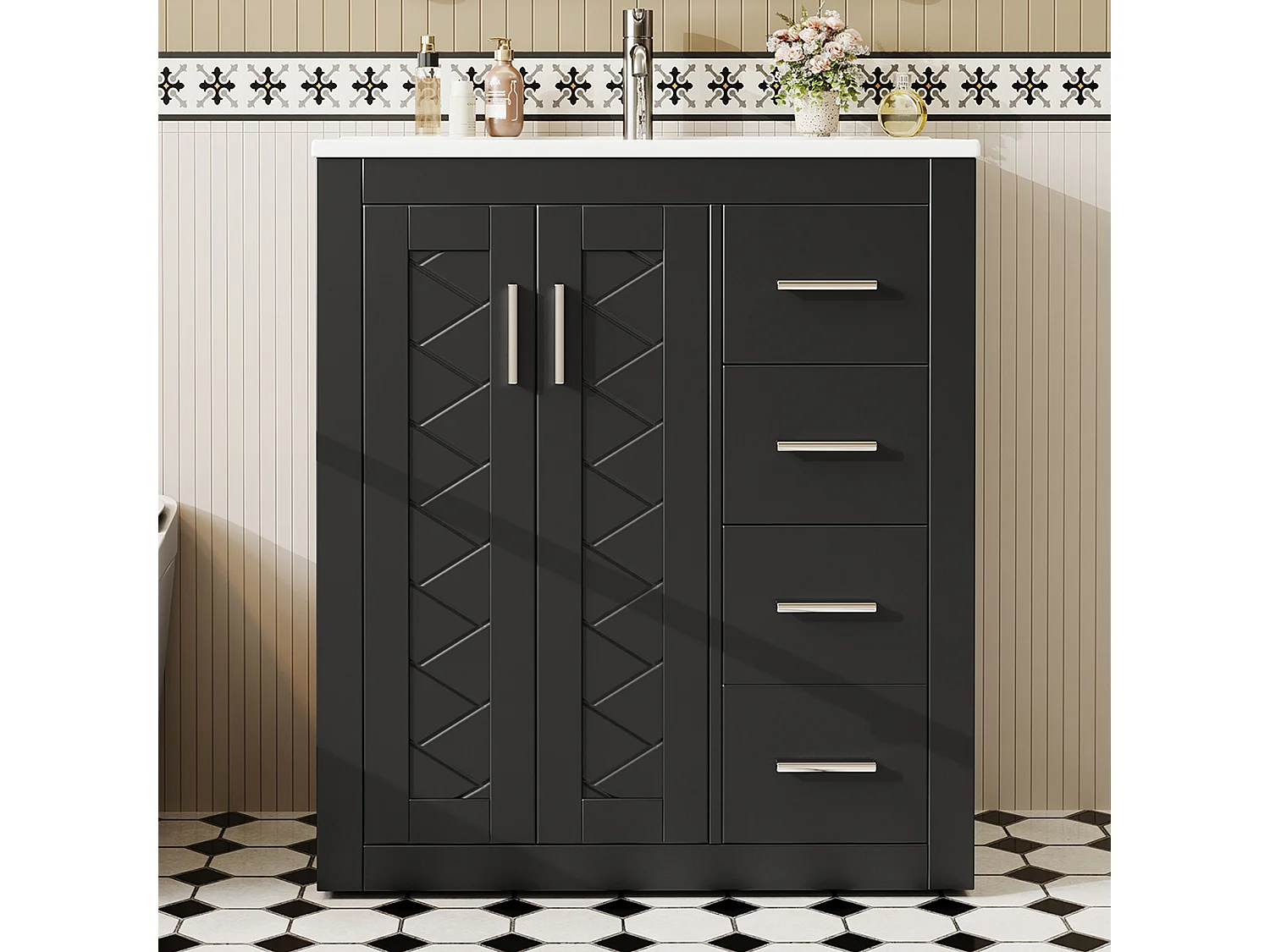 Badezimmerschrank 76x46,5x85,5 cm - mit einem Keramikwaschbecken - 3 Schubladen und 2 Schränke - Schwarz