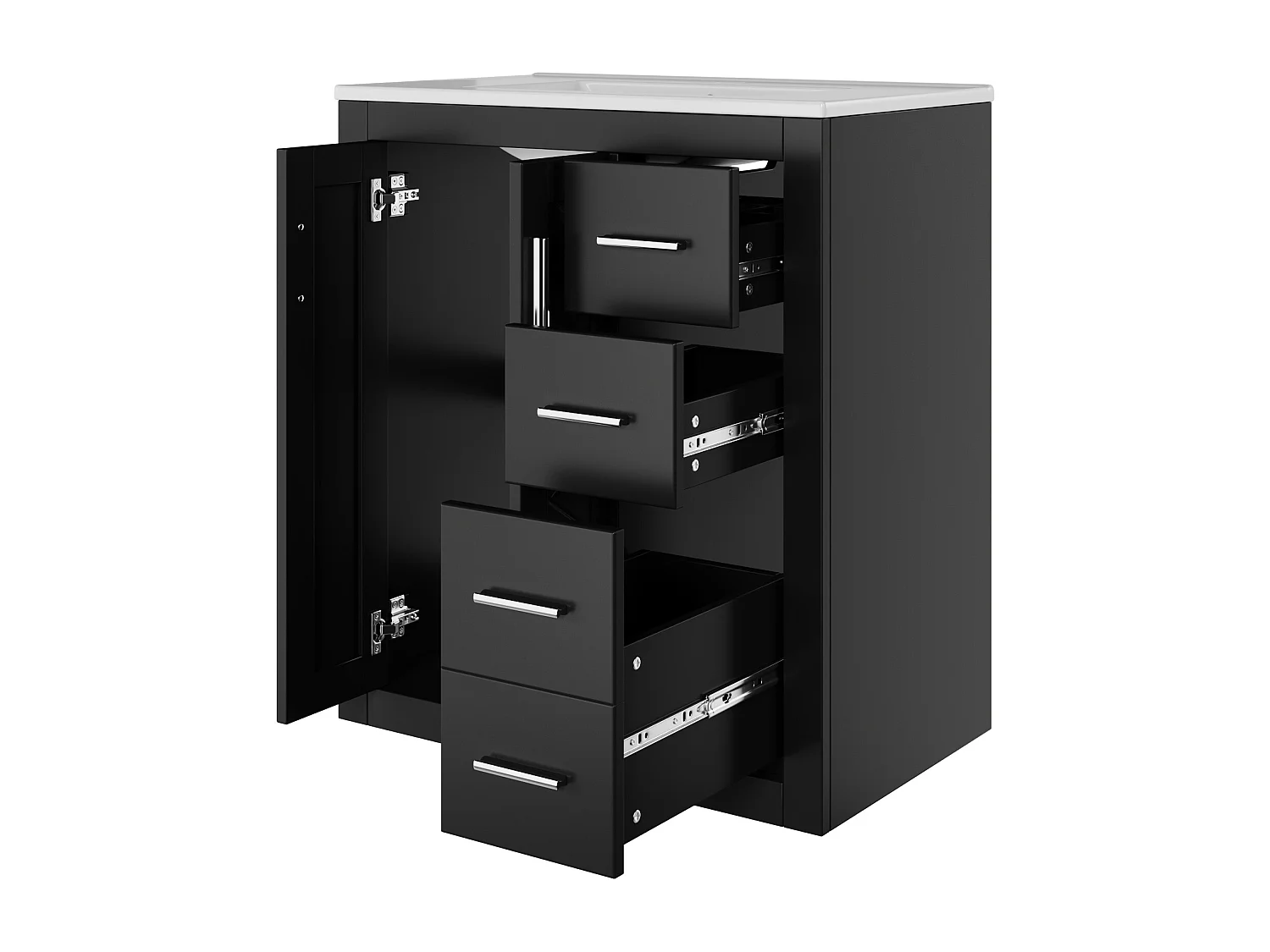 Badezimmerschrank 76x46,5x85,5 cm - mit einem Keramikwaschbecken - 3 Schubladen und 2 Schränke - Schwarz