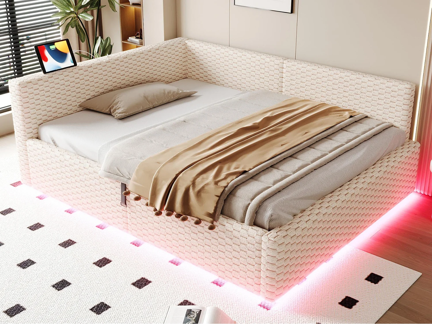 Schlafsofa mit Stauraum 140 x 200 cm - mit LED-Beleuchtung - mit Type-C-Schnittstelle + 2 USB-Anschlüssen - beige​ (Matratze nicht inbegriffen)