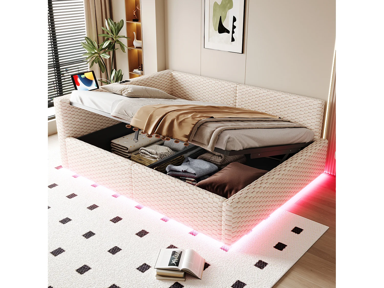 Schlafsofa mit Stauraum 140 x 200 cm - mit LED-Beleuchtung - mit Type-C-Schnittstelle + 2 USB-Anschlüssen - beige​ (Matratze nicht inbegriffen)