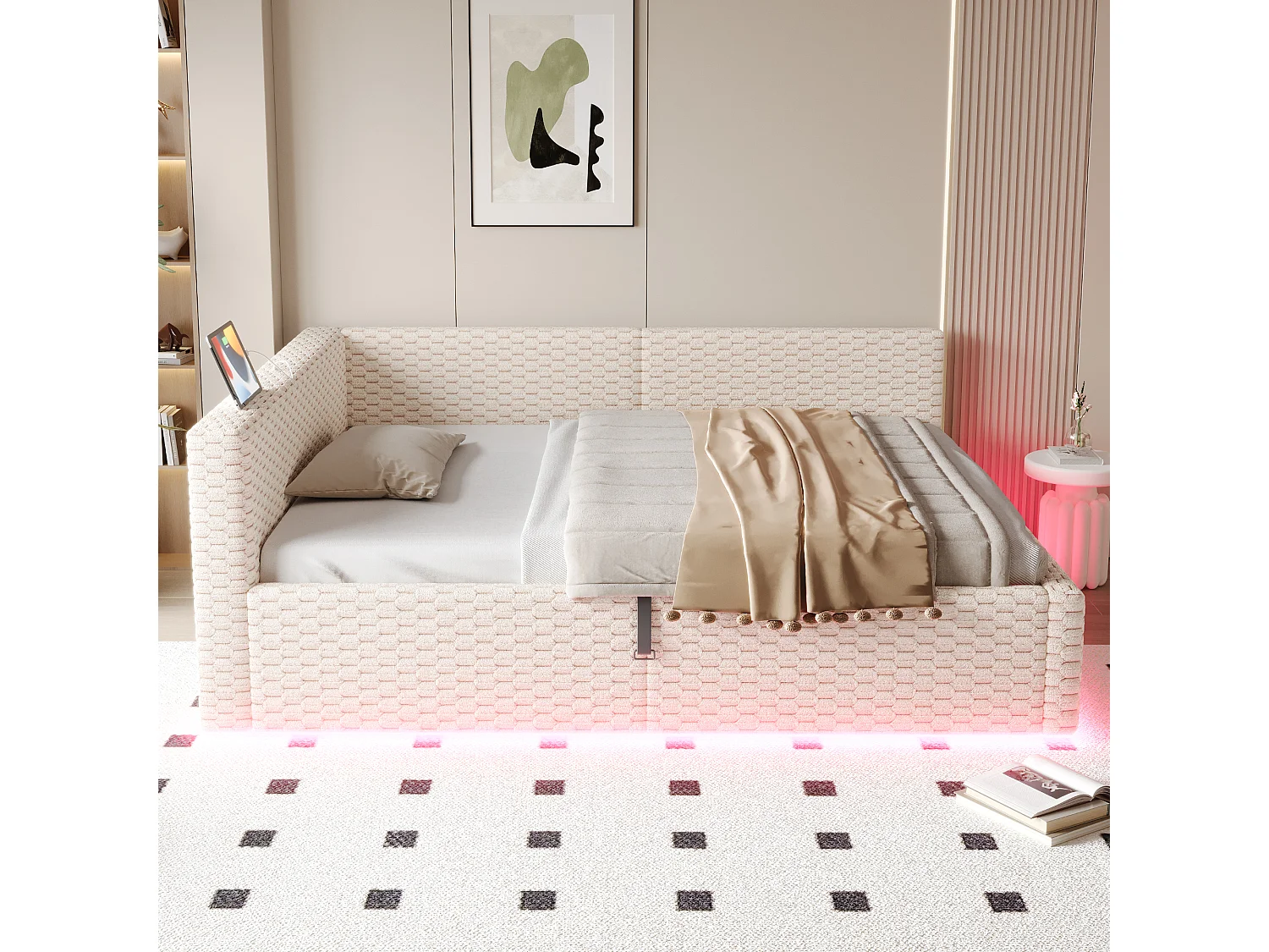 Schlafsofa mit Stauraum 140 x 200 cm - mit LED-Beleuchtung - mit Type-C-Schnittstelle + 2 USB-Anschlüssen - beige​ (Matratze nicht inbegriffen)