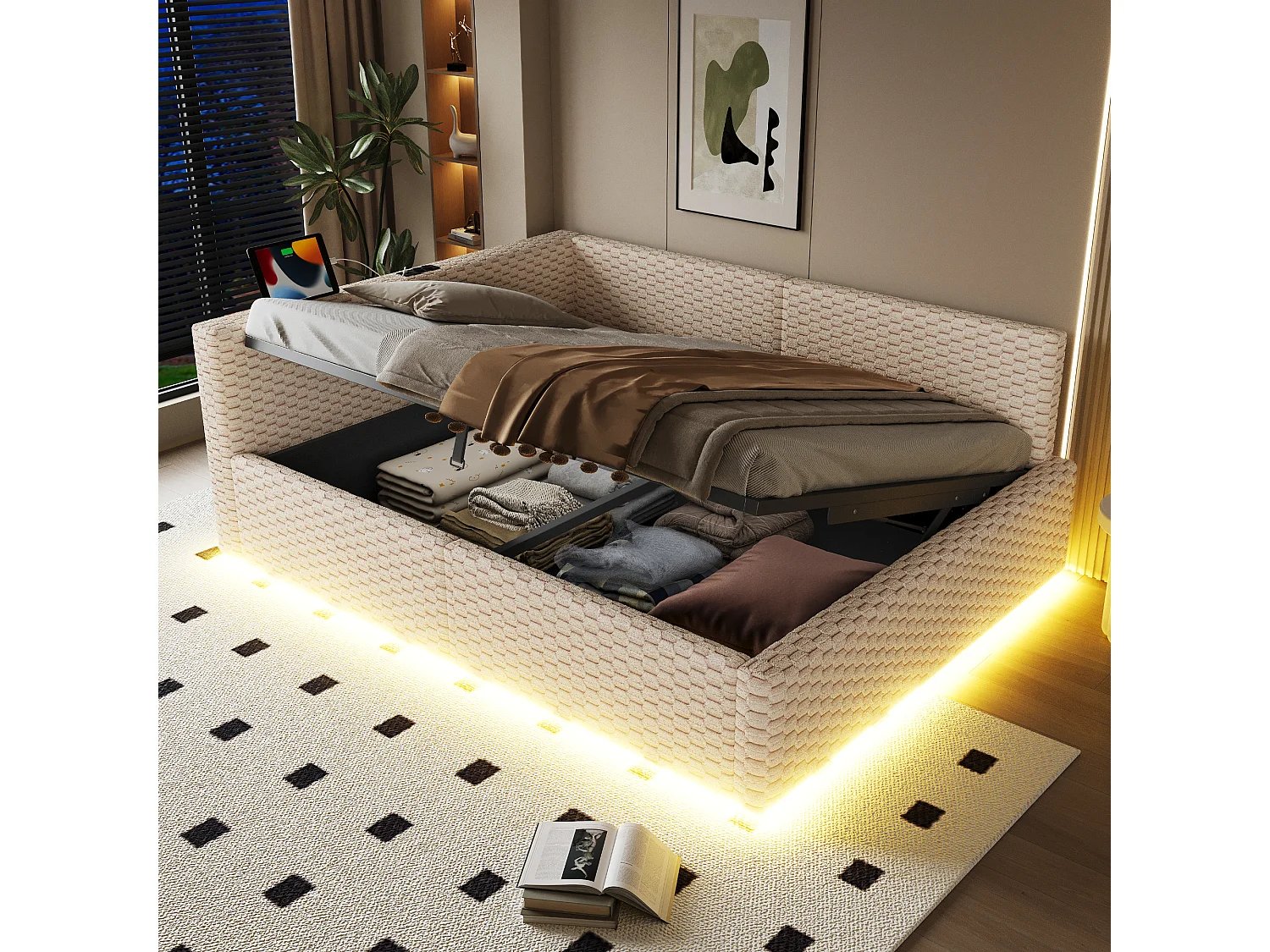 Schlafsofa mit Stauraum 140 x 200 cm - mit LED-Beleuchtung - mit Type-C-Schnittstelle + 2 USB-Anschlüssen - beige​ (Matratze nicht inbegriffen)
