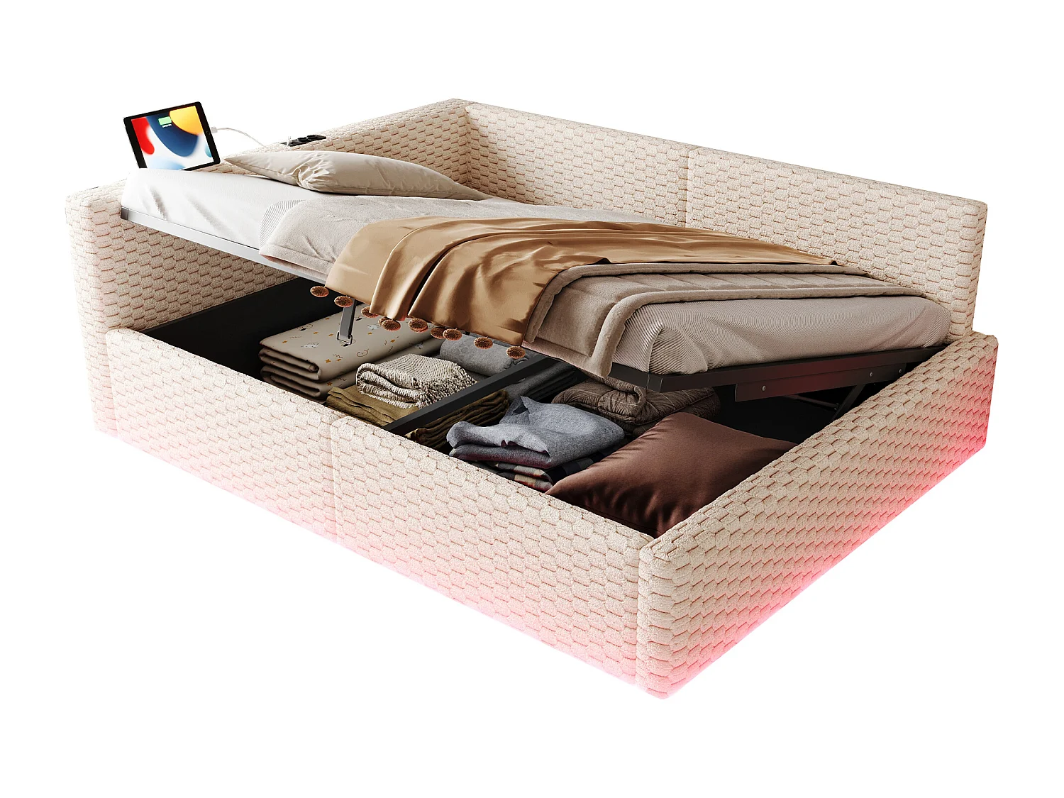 Schlafsofa mit Stauraum 140 x 200 cm - mit LED-Beleuchtung - mit Type-C-Schnittstelle + 2 USB-Anschlüssen - beige​ (Matratze nicht inbegriffen)