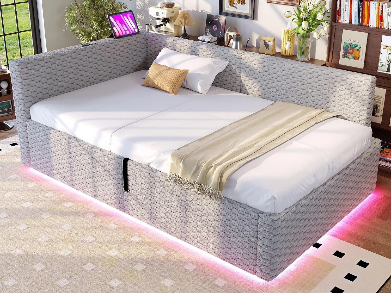 Schlafsofa mit Stauraum 90 x 200 cm - mit LED-Beleuchtung - mit Type-C-Schnittstelle + 2 USB-Anschlüssen - Grau​ (Matratze nicht inbegriffen)