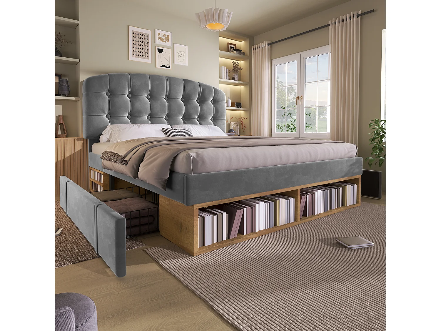 Lit double rembourré 140x190cm - tête de lit réglable - avec des tiroirs et un espace de rangement - velours - Gris (sans matelas)