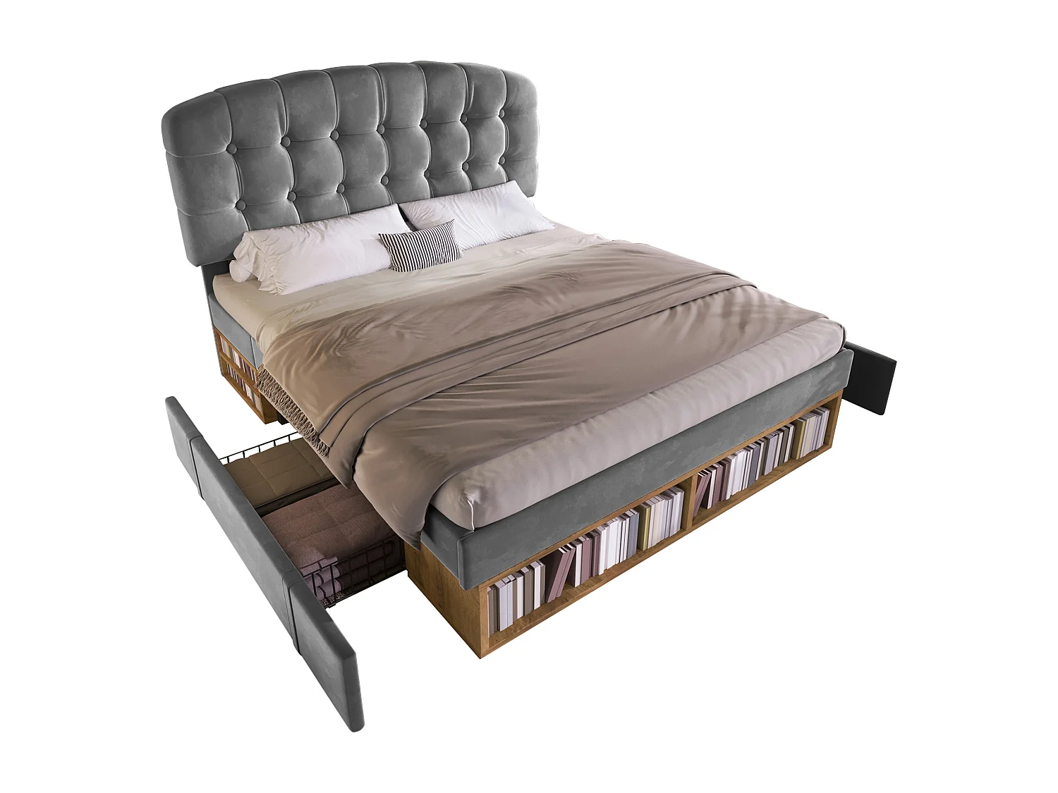 Lit double rembourré 140x190cm - tête de lit réglable - avec des tiroirs et un espace de rangement - velours - Gris (sans matelas)