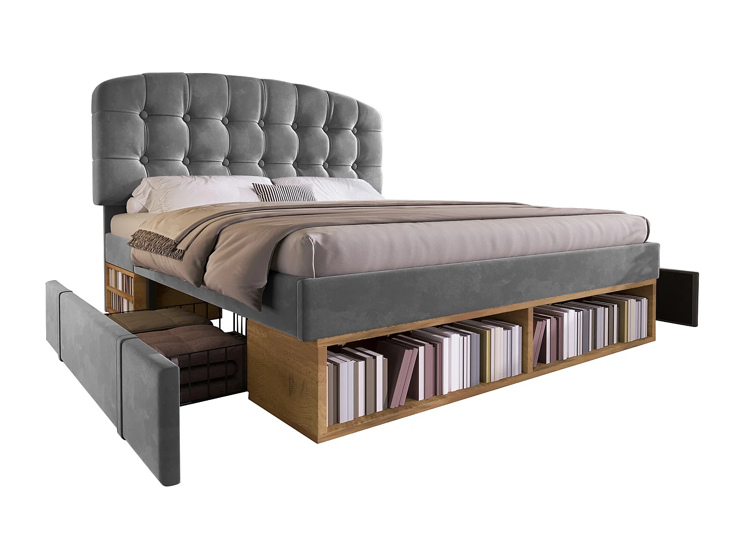 Lit double rembourré 140x190cm - tête de lit réglable - avec des tiroirs et un espace de rangement - velours - Gris (sans matelas)