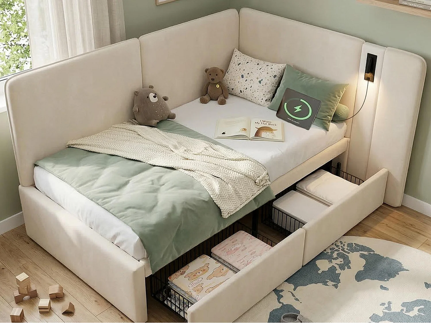 Divano letto imbottito 90x200cm - con 2 cassetti - Porta di ricarica USB e luce da lettura - Tessuto velluto - Beige​ (senza materasso)