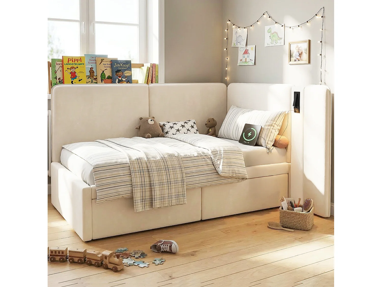 Divano letto imbottito 90x200cm - con 2 cassetti - Porta di ricarica USB e luce da lettura - Tessuto velluto - Beige​ (senza materasso)