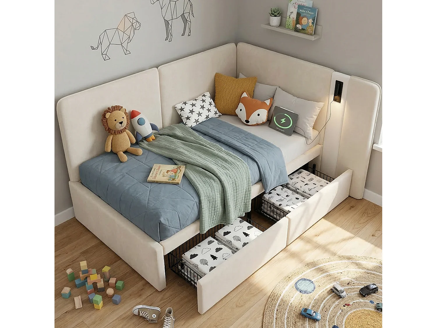 Divano letto imbottito 90x200cm - con 2 cassetti - Porta di ricarica USB e luce da lettura - Tessuto velluto - Beige​ (senza materasso)