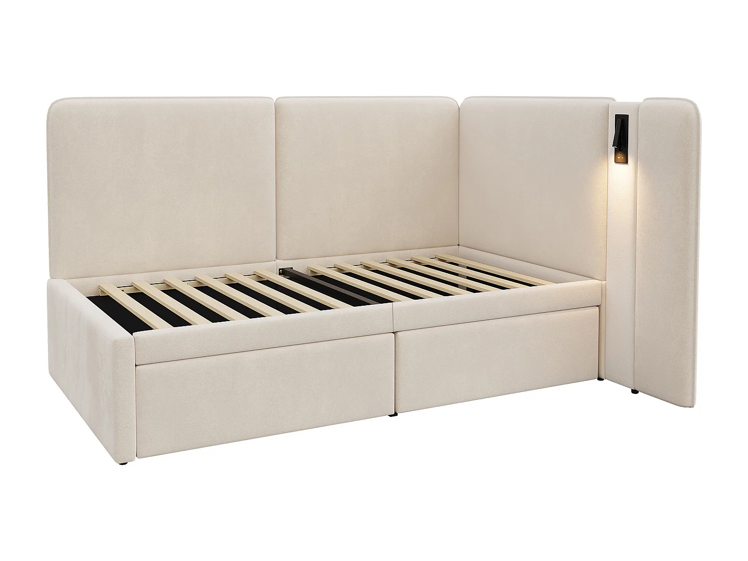 Divano letto imbottito 90x200cm - con 2 cassetti - Porta di ricarica USB e luce da lettura - Tessuto velluto - Beige​ (senza materasso)