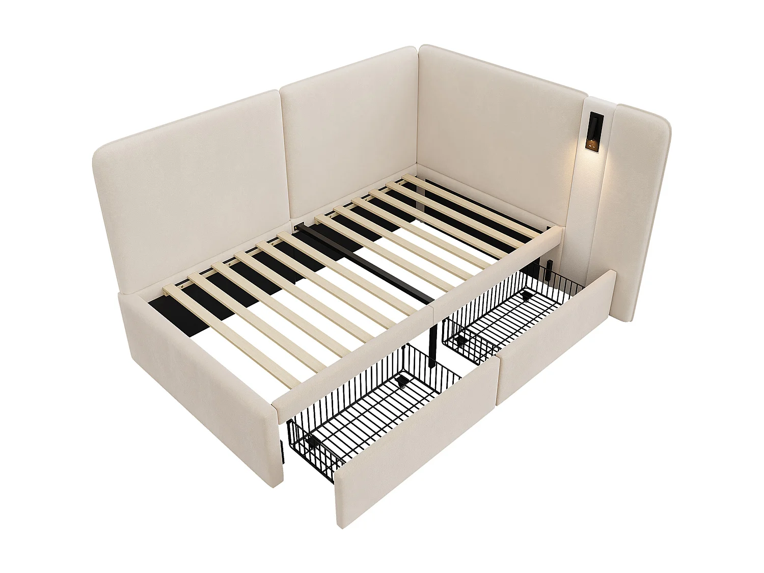 Divano letto imbottito 90x200cm - con 2 cassetti - Porta di ricarica USB e luce da lettura - Tessuto velluto - Beige​ (senza materasso)