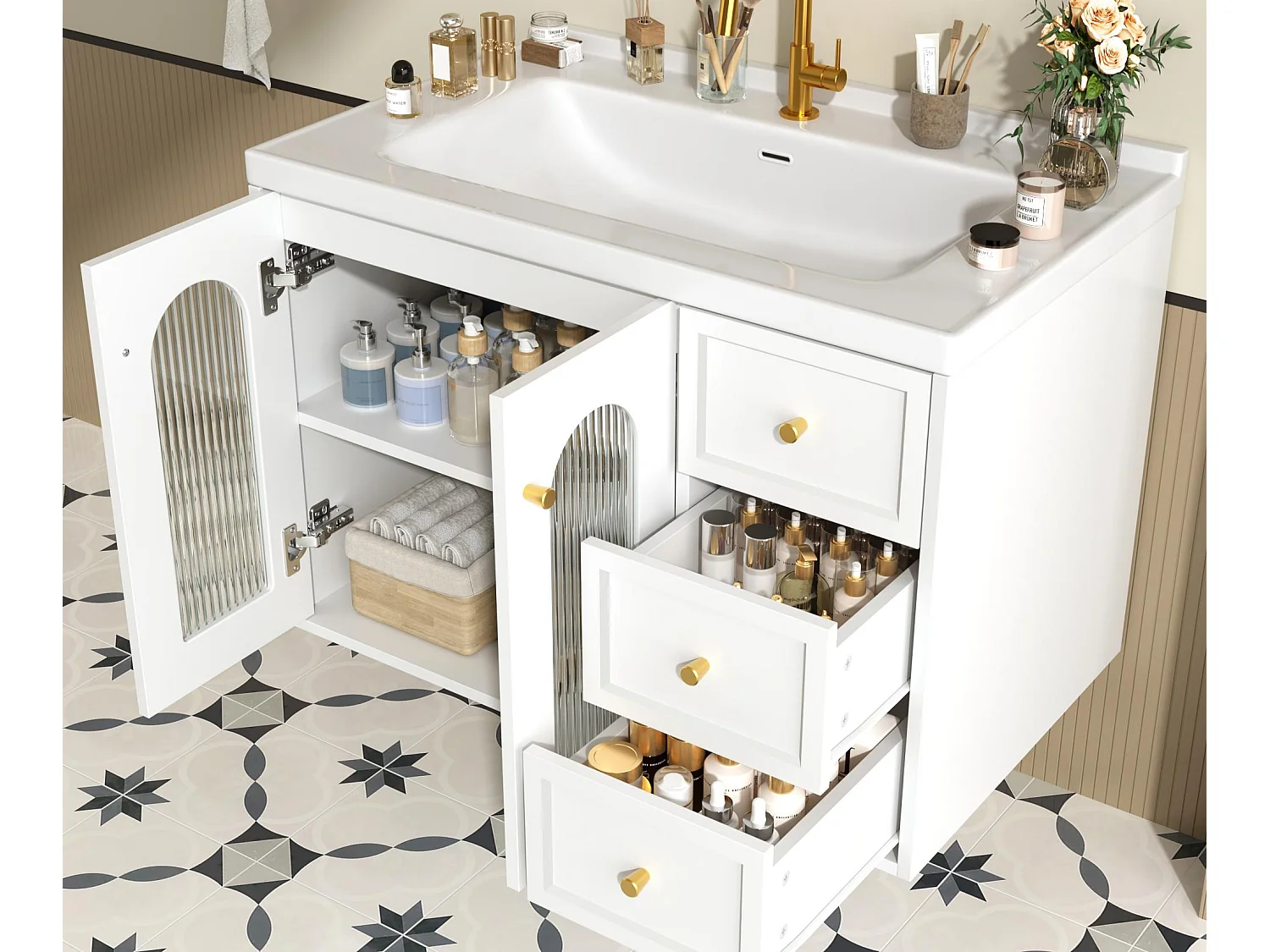 Meuble de salle de bain suspendu - avec une vasque en céramique - avec 2 tiroirs et 2 portes vitrées - blanc (robinet non inclus)