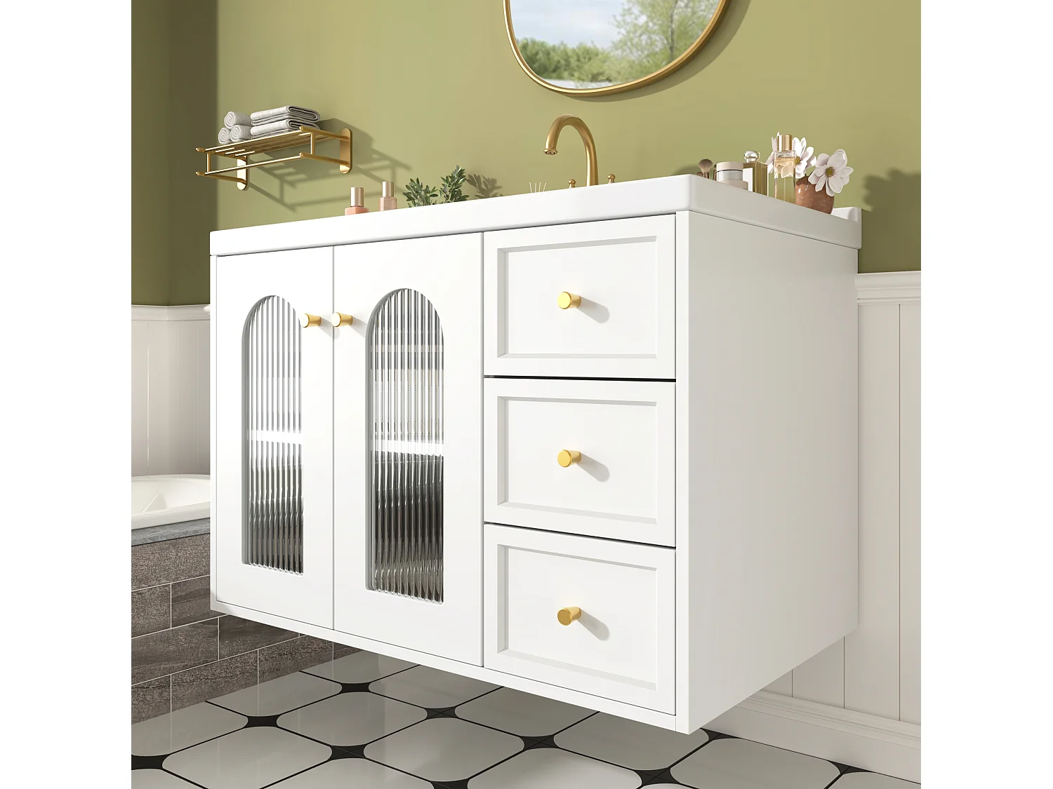 Meuble de salle de bain suspendu - avec une vasque en céramique - avec 2 tiroirs et 2 portes vitrées - blanc (robinet non inclus)