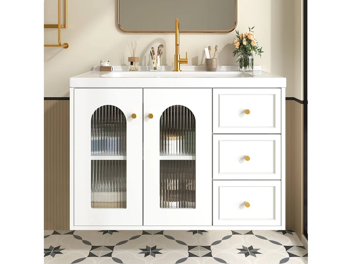 Meuble de salle de bain suspendu - avec une vasque en céramique - avec 2 tiroirs et 2 portes vitrées - blanc (robinet non inclus)