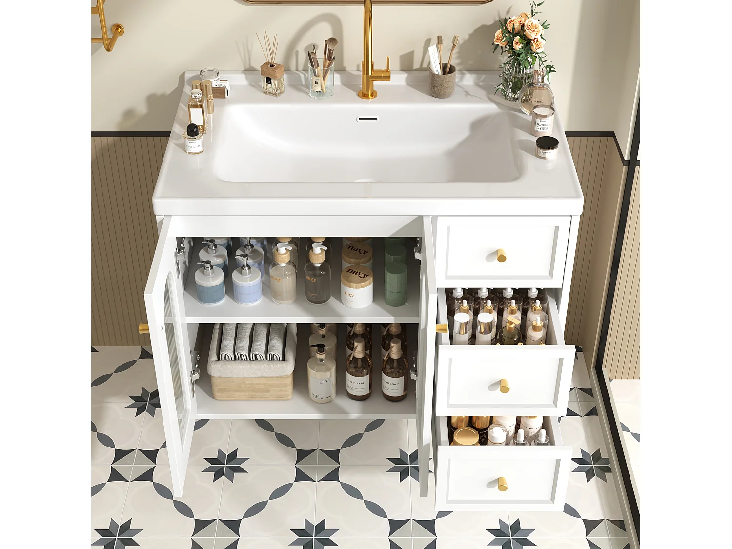 Meuble de salle de bain suspendu - avec une vasque en céramique - avec 2 tiroirs et 2 portes vitrées - blanc (robinet non inclus)