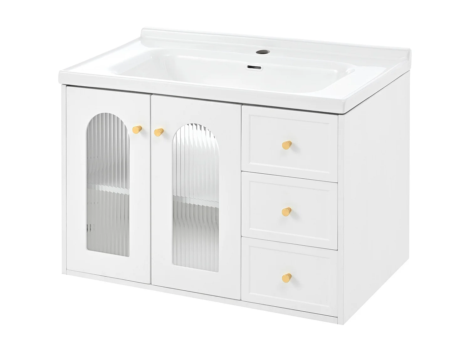 Meuble de salle de bain suspendu - avec une vasque en céramique - avec 2 tiroirs et 2 portes vitrées - blanc (robinet non inclus)