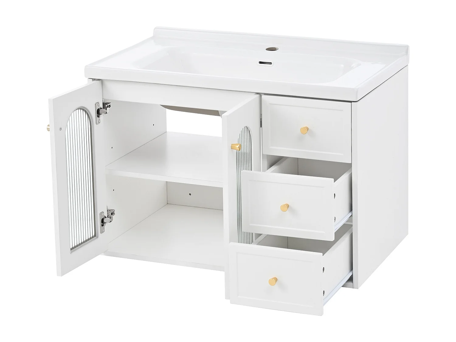 Meuble de salle de bain suspendu - avec une vasque en céramique - avec 2 tiroirs et 2 portes vitrées - blanc (robinet non inclus)