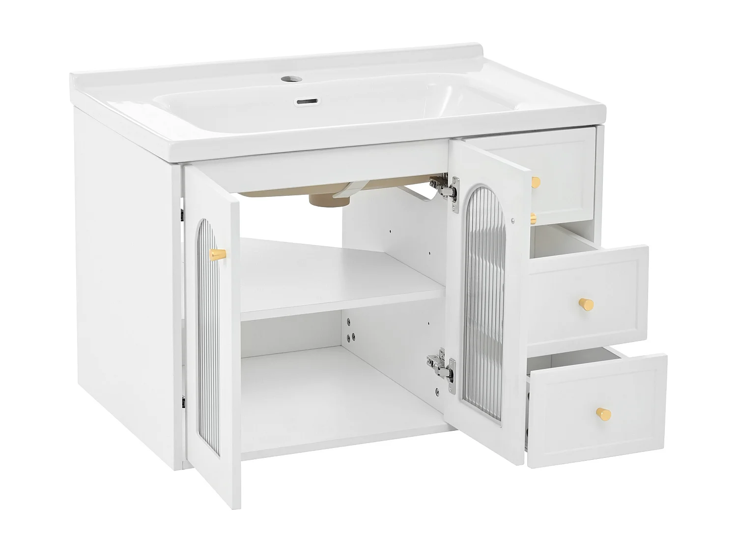 Meuble de salle de bain suspendu - avec une vasque en céramique - avec 2 tiroirs et 2 portes vitrées - blanc (robinet non inclus)