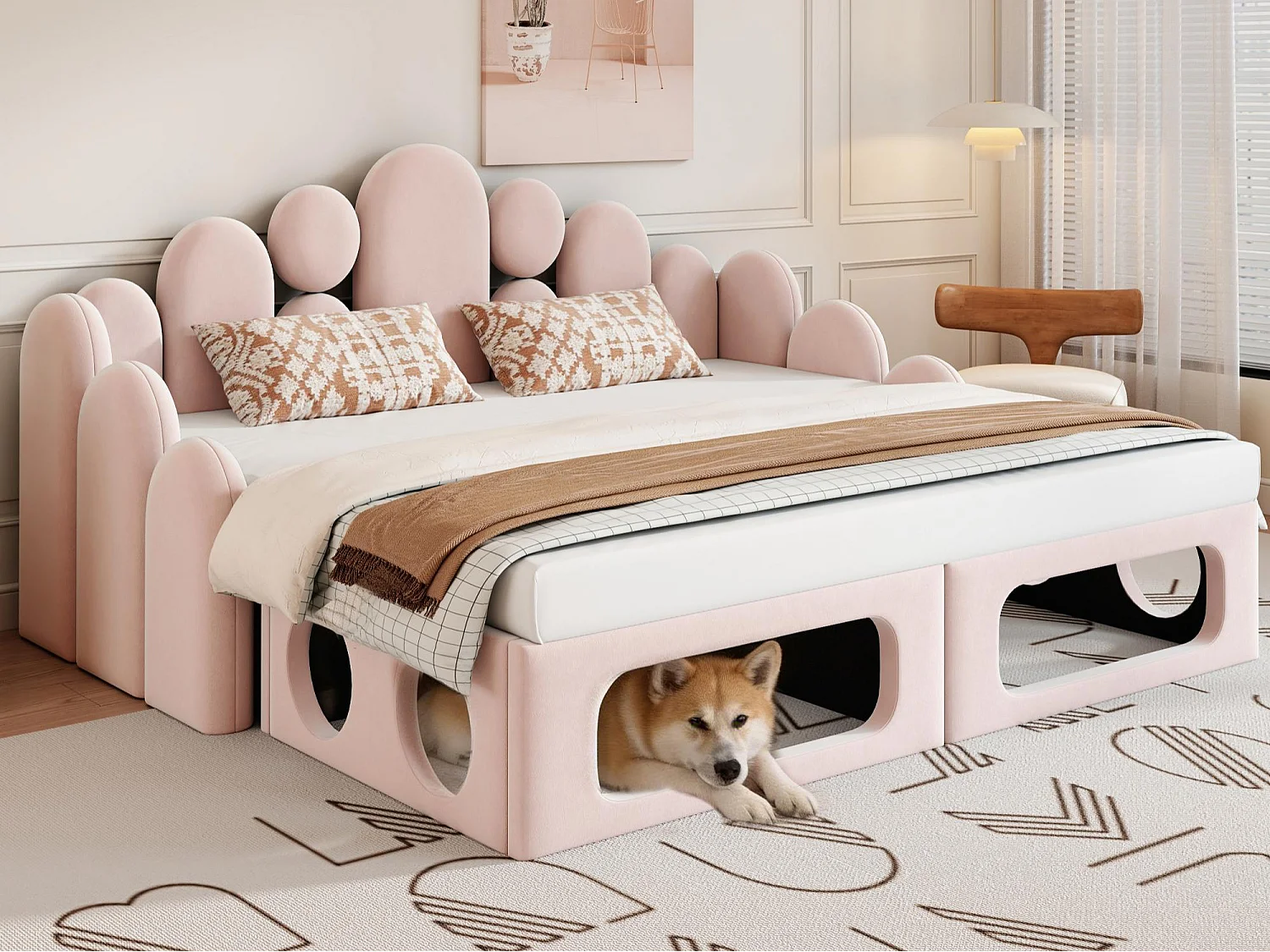 Canapé-lit capitonné 180x200cm - Tissu velours - avec sommier à lattes - rose (matelas non inclus)