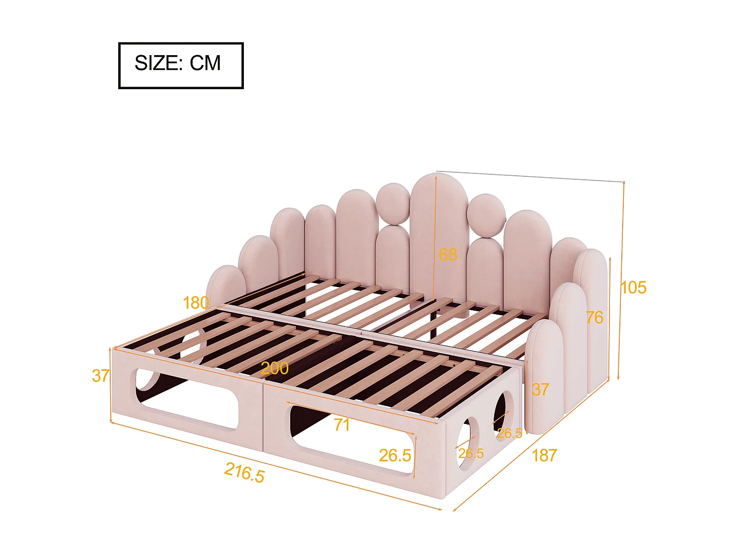 Canapé-lit capitonné 180x200cm - Tissu velours - avec sommier à lattes - rose (matelas non inclus)