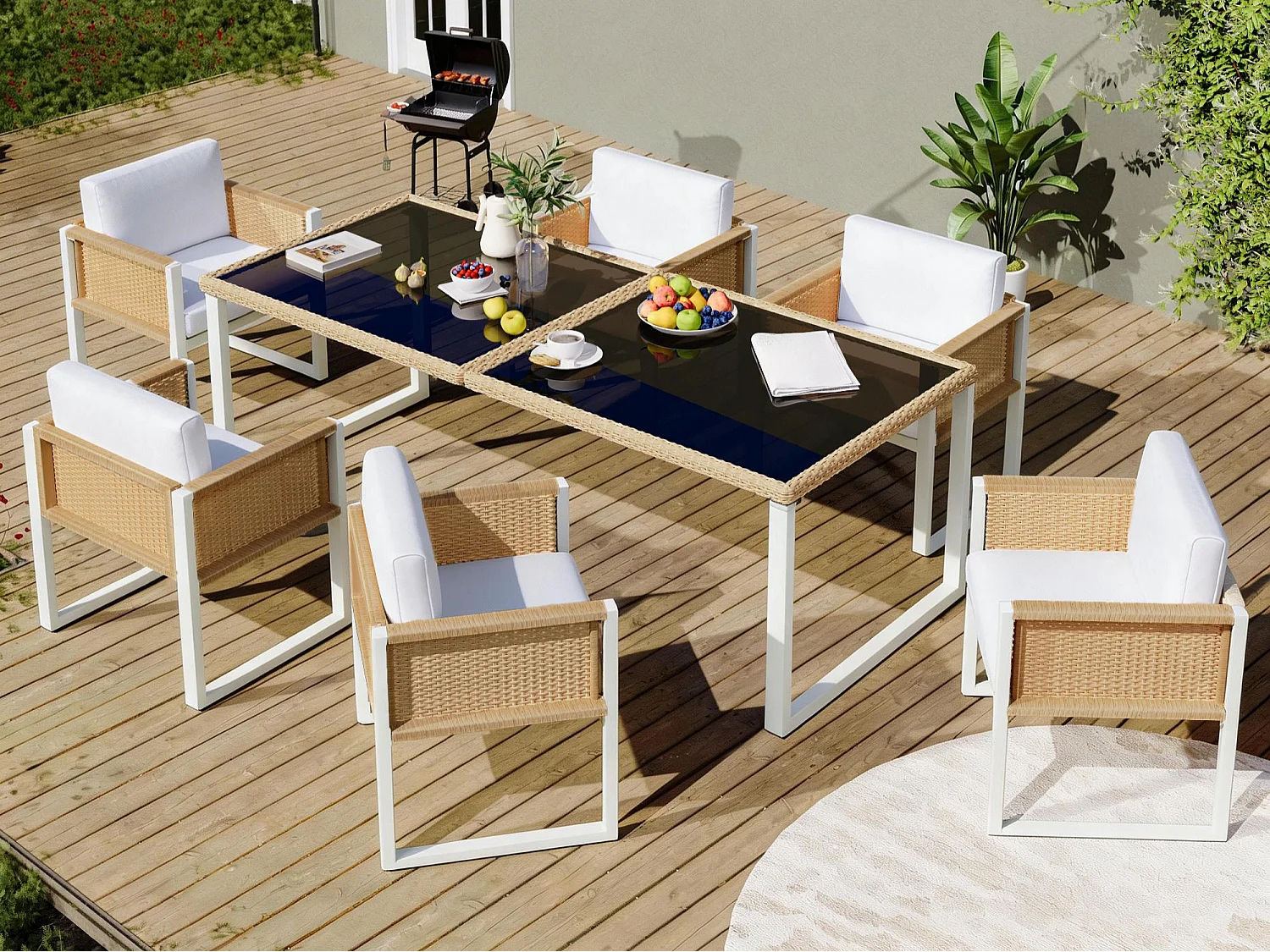 Tuin eetkamer set voor 6 personen - 6 fauteuils - 1 tafel - frame van gegalvaniseerd ijzer - in afneembare en wasbare stof - wit